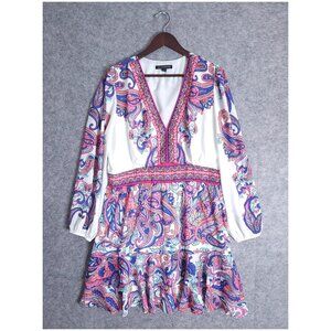 BOSTON PROPER XL Paisley Rhinestone A-Line Ruffle Flounce Pullover V-Neck Dress